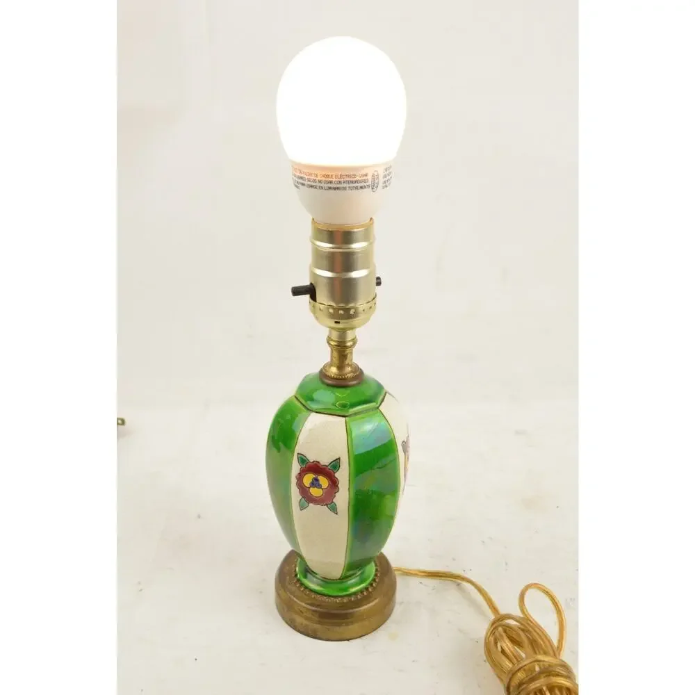 Vintage Boch Freres Belgium Crackle Glaze Green Enamel Table Lamps Pair